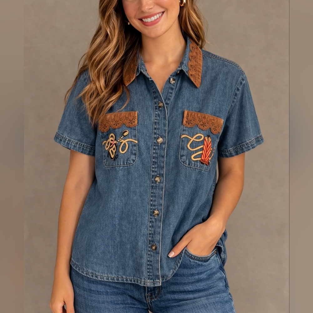 VTG 1980s CAPACITY Country Music Chambray Button Down Western Novelty Shirt